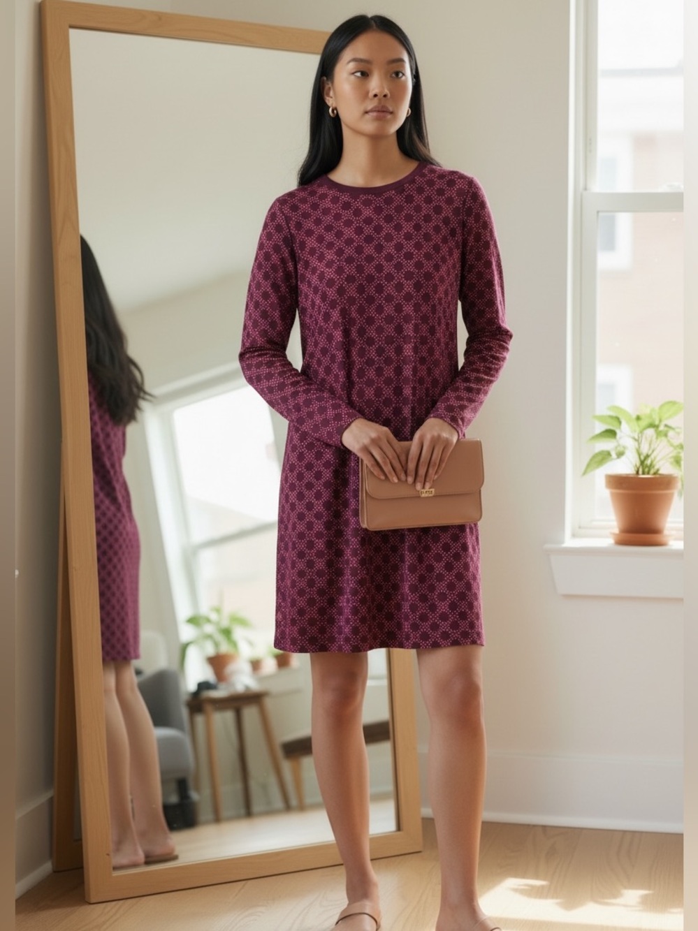 Boden Mia Jersey Knit Geometric Dot Dress Burgundy Pink Size 16R